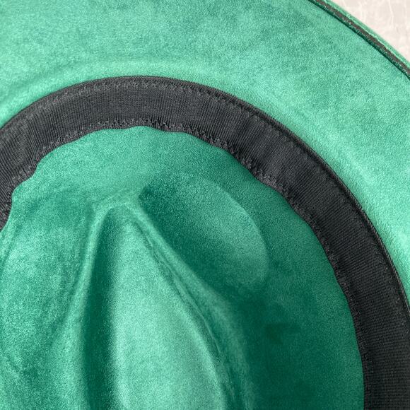 Emerald Green Faux Suede Hand Burned Wide Flat Brim Hat Sunflowers ADJUSTABLE SZ - Picture 14 of 16